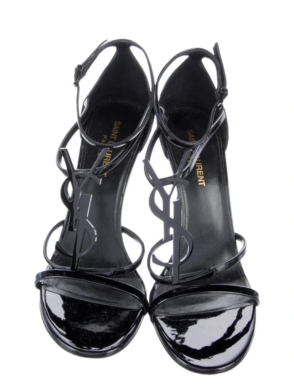 Saint Laurent Black Patent Strappy Heeled Sandals with YSL Logo - Picture 4 of 6